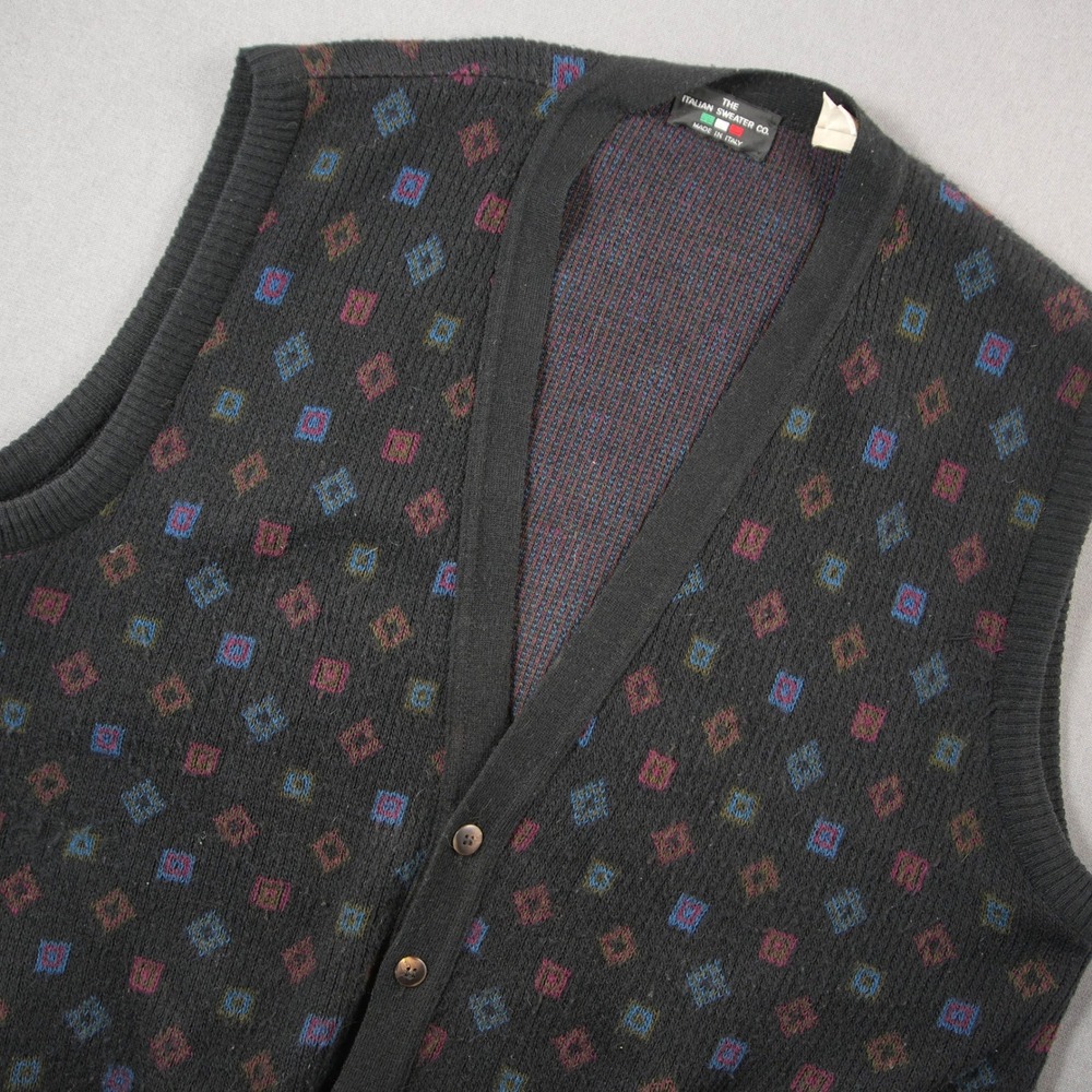 Vintage Italian Golf Geometric Knit Wool Blend Men Cardigan Vest XL Academia Ivy